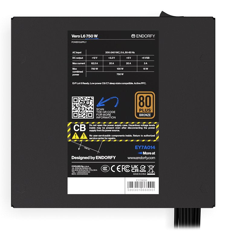 Endorfy Vero L6 750 W (Negro, 1x 12-Pin High Power Gpu, 2x Pcie, 750 Watt) Ey7a014