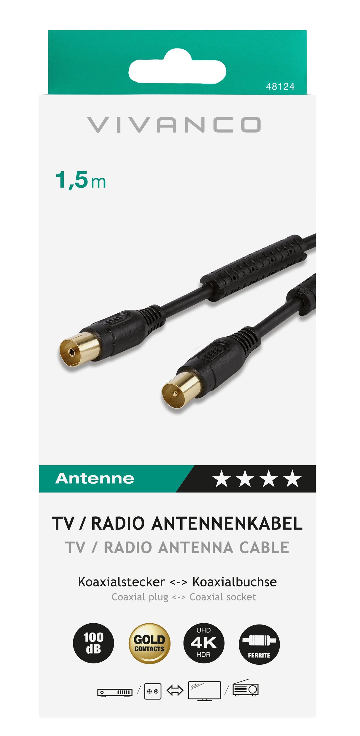 Vivanco 481124 Coaxial Chapado En Oro 1,5 Metros 100 Db Negro - Cable De Antena