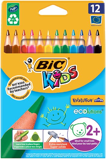 Bic Kids Evolution Triangle Pack De 12 Lapices De Colores Triangulares - Punta Ultraresistente - Sin Madera