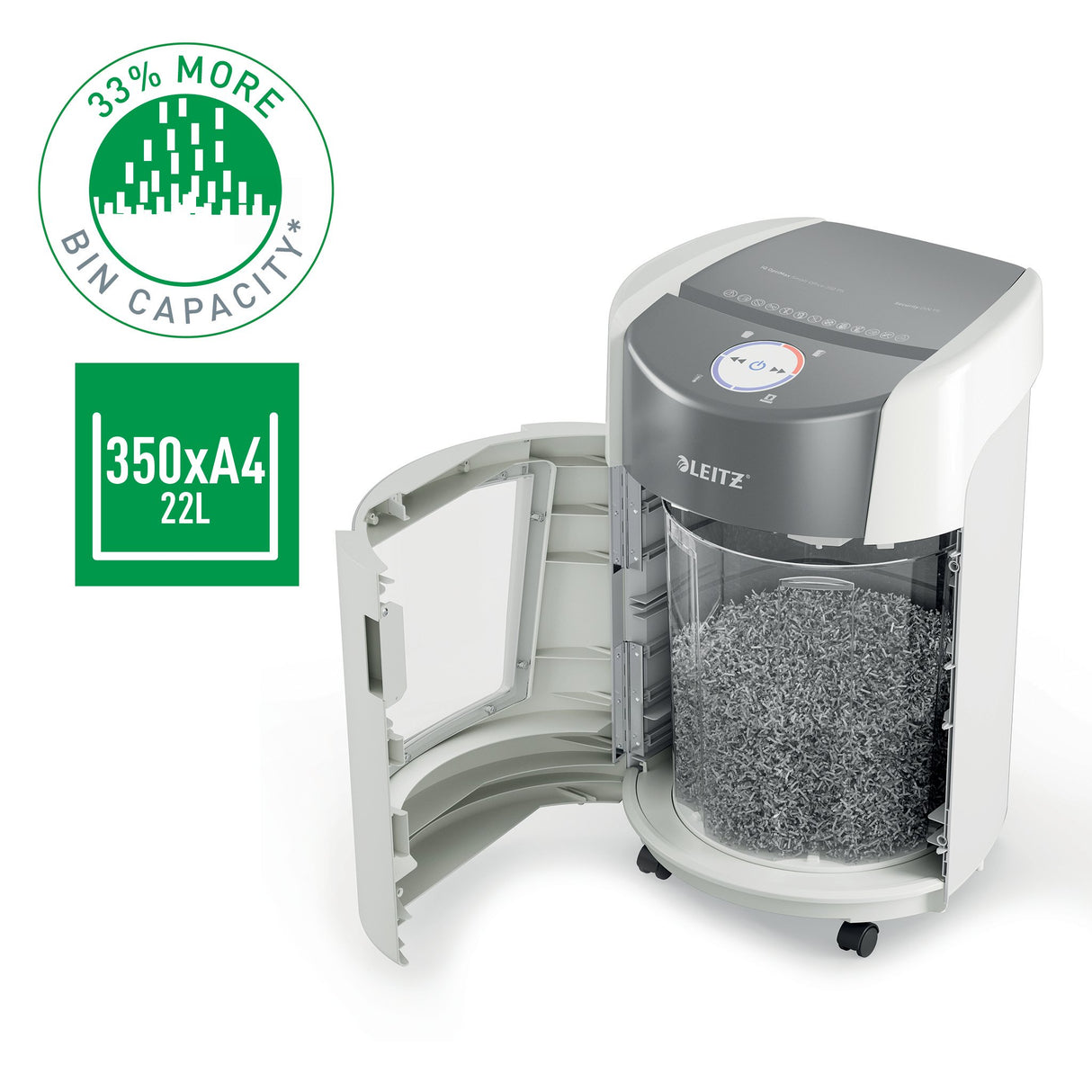 EAN 4002432142460 - Leitz IQ OptiMax Small Office 350 triturador de papel Microcorte 58 dB 22,3 cm Gris, Blanco imagen 2