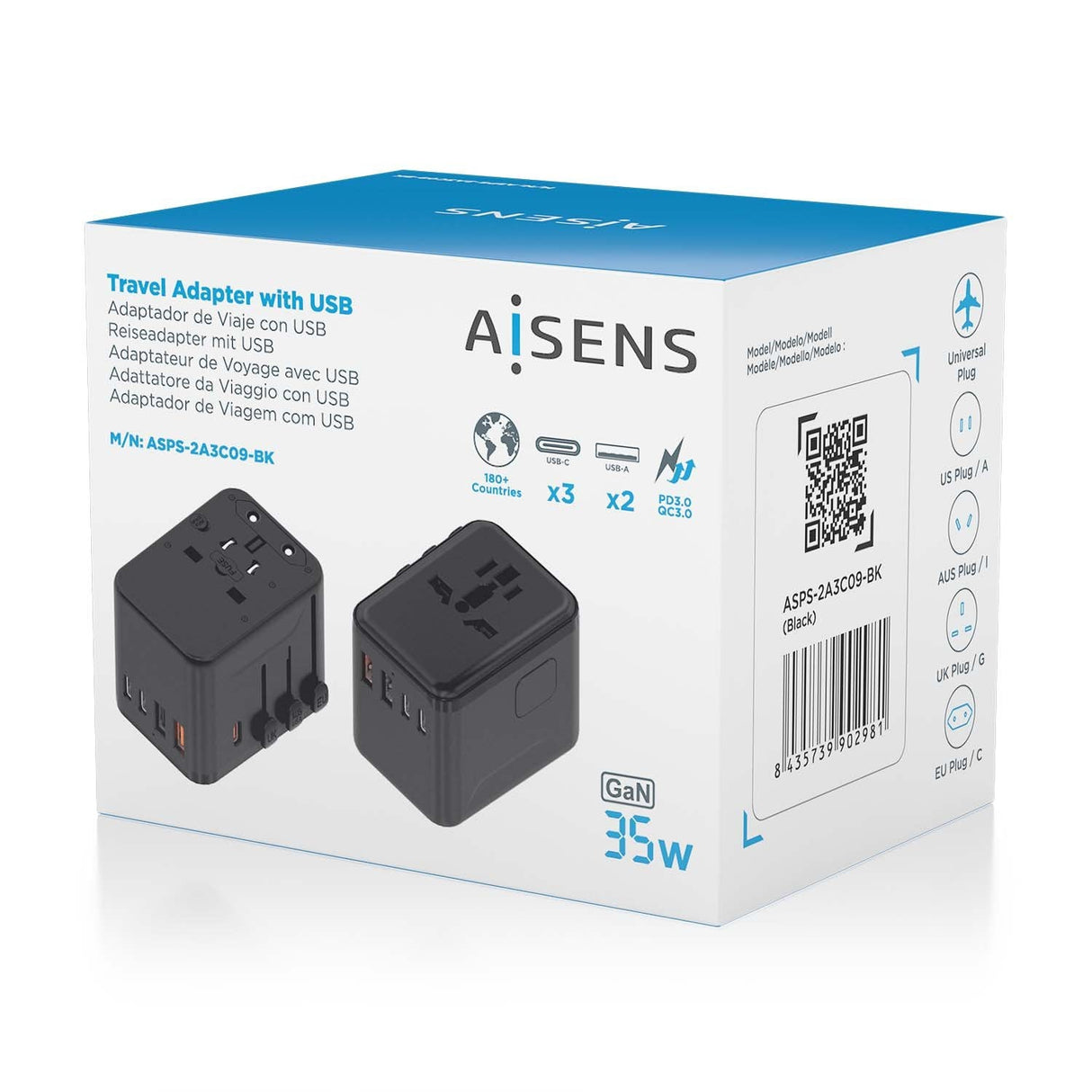 Aisens Adaptador Enchufe Universal Para Viaje Eu/Usa/Uk/Au Con Cargador Usb Gan, 2xusb-A (A1 Qc3.0), 3xusb-C (C1 Pd3.0) 35w, Negro
