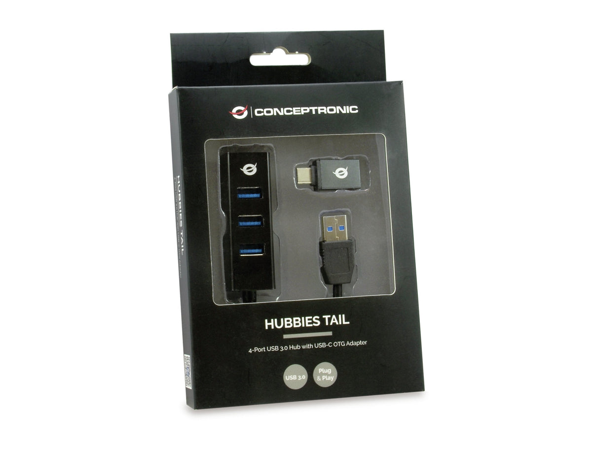 Hub Usb 3.0 Conceptronic Hubbies04b 4 Puertos Usb 3.0 Color Negro Y Adaptador A Usb-C