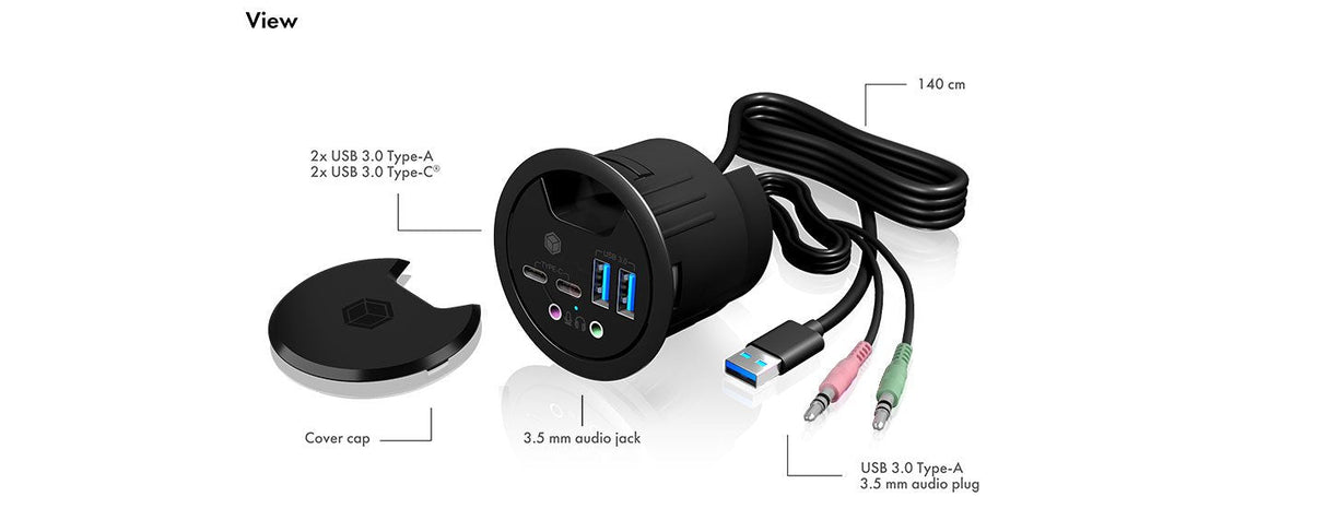 Icy Box Usb3.0 Hub Tipo-C / -A / Audio Icy Box Ib-Hub1403b, 120 Cm De Longitud Del Cable