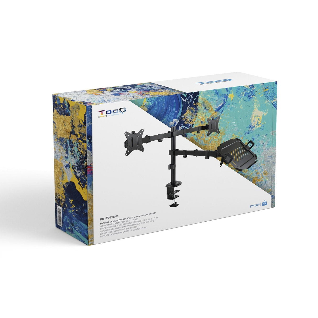 Tooq Soporte De Mesa Para 2 Monitores De 17"-32" + Bandeja Para Portatil - Gestion De Cables - Peso Max 9kg X Brazo -