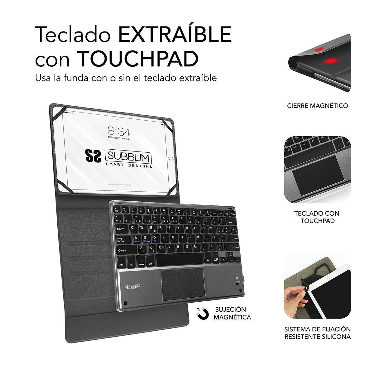 Funda Con Teclado Subblim Keytab Pro Bluetooth Touchpad Para Tablets De 10.1'-10.8' Negra