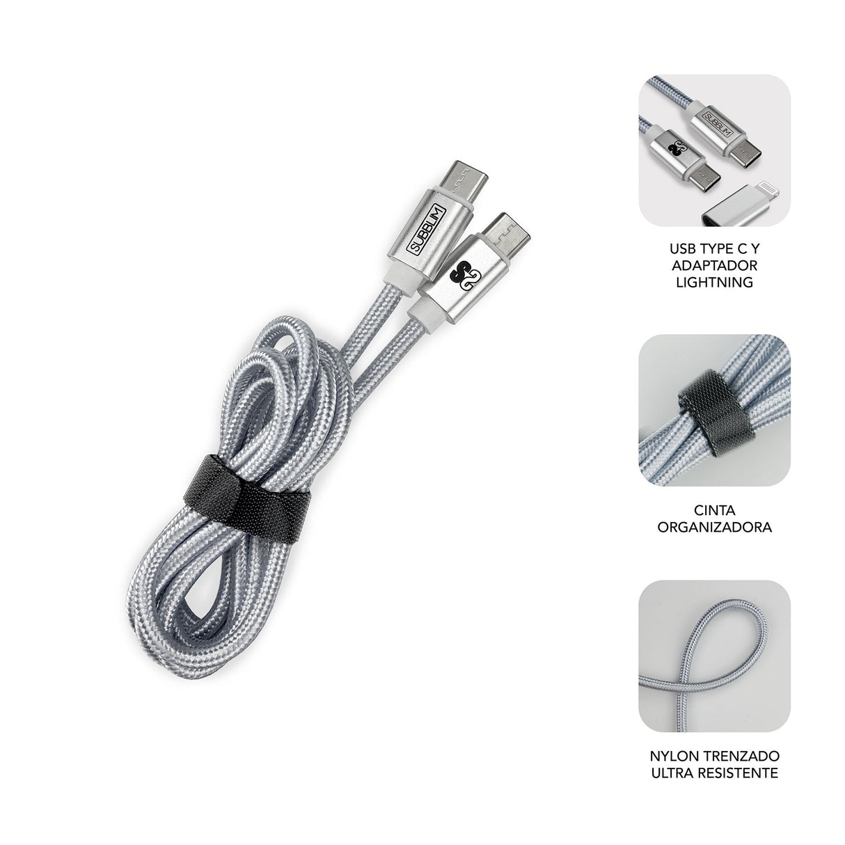 Subblim Cargador Ultra Rapido 2xusb De Pared Pd25w+Qc3.0+Cable C To C Y Lightning Blanco