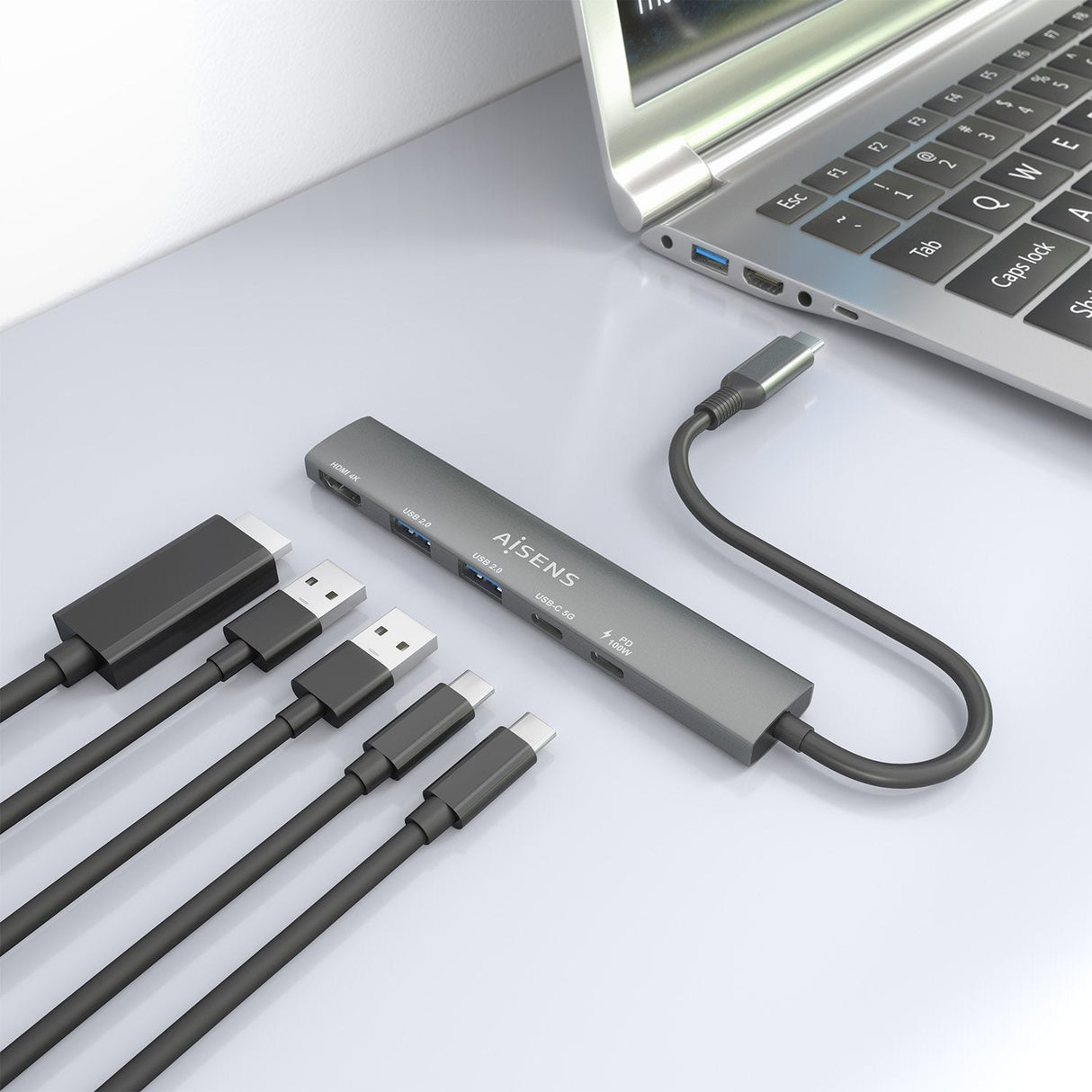Aisens Usb-C Dock 5 En 1, Usb-C A 1xhdmi 2xusb-A 1xusb-C 1xusb-C Pd, Gris, 15cm