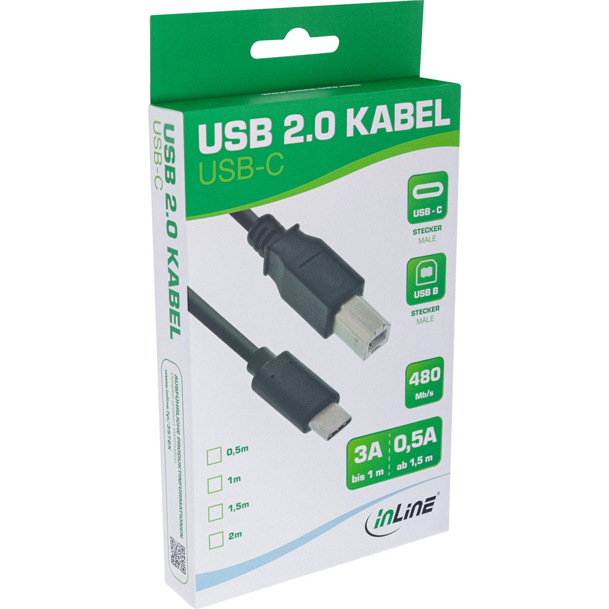 Cable Inline Usb 2.0, Tipo C Macho A B Macho, Negro, 2 M