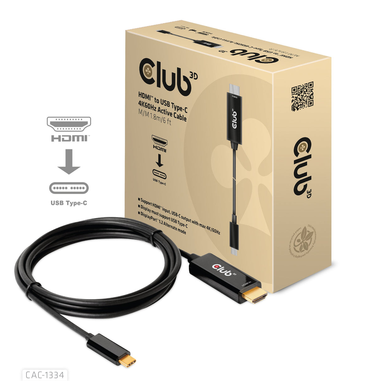 EAN 8719214472054 - CLUB3D CAC-1334 adaptador de cable de vídeo 1,8 m HDMI tipo A (Estándar) USB Tipo C Negro imagen 2