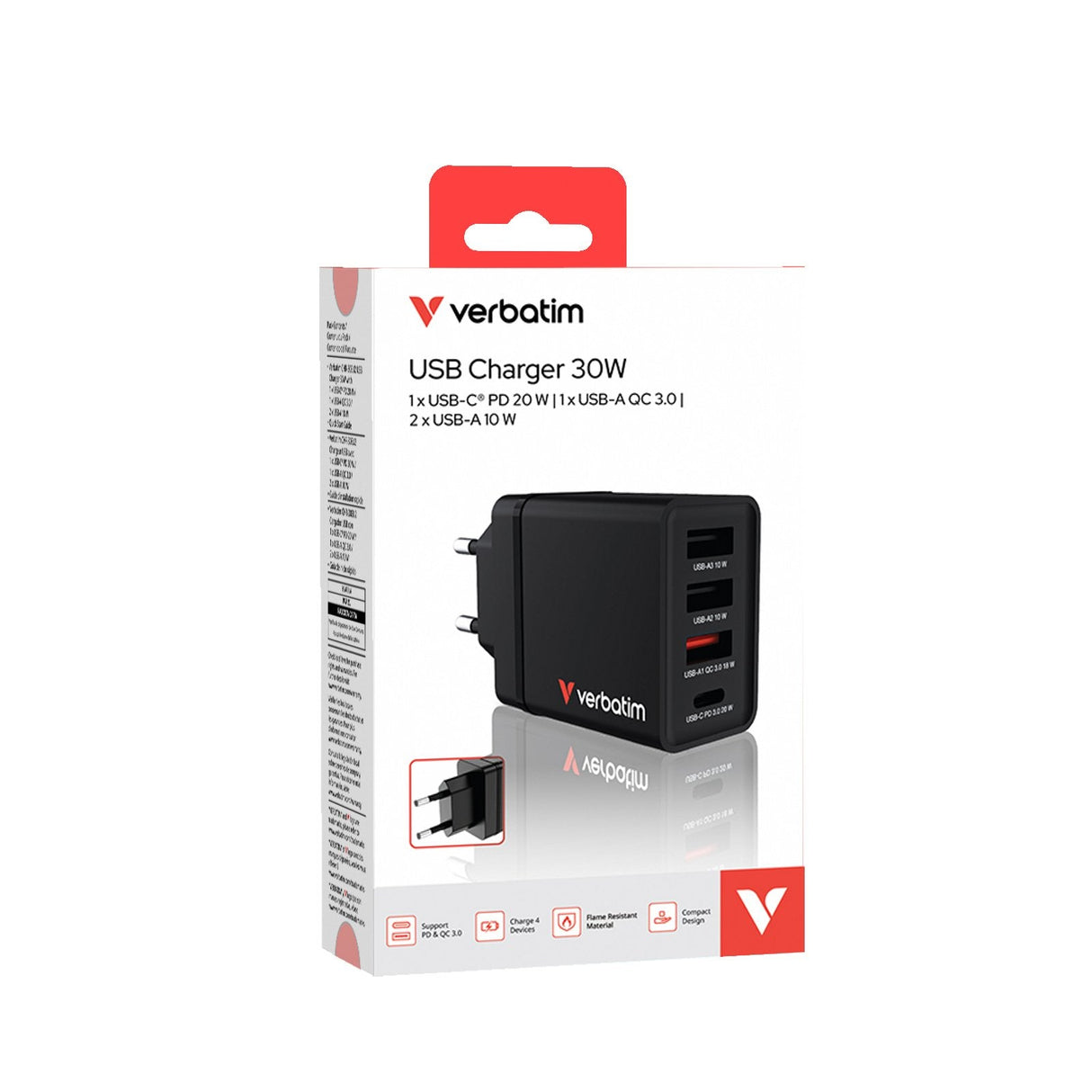 Verbatim Cargador Chr-30eu1, 30w, Gan, Negro 2x Usb-A, 1x Usb-A Qc, 1x Usb-C Pd