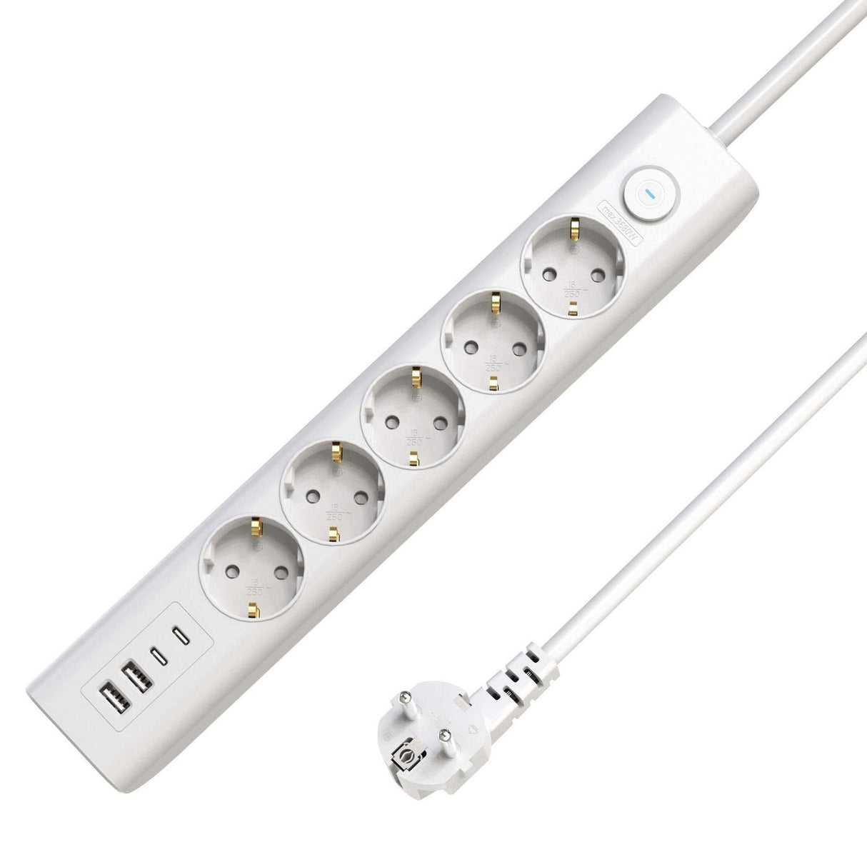 5-Way Usb Schuko Power Strip On/Off Switch 1.5m, White