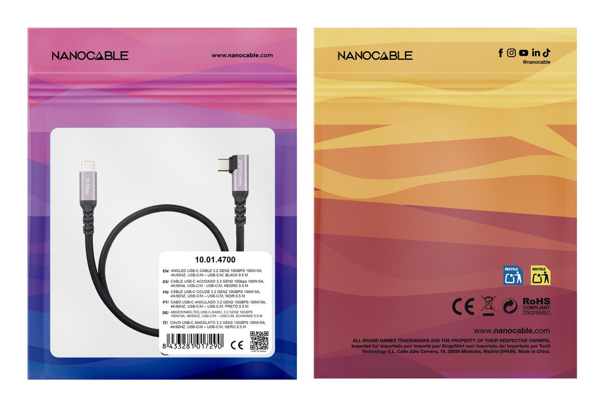 Cable Usb-C Acodado M/M 3.2 Gen2 100w 4k/60hz 2 M