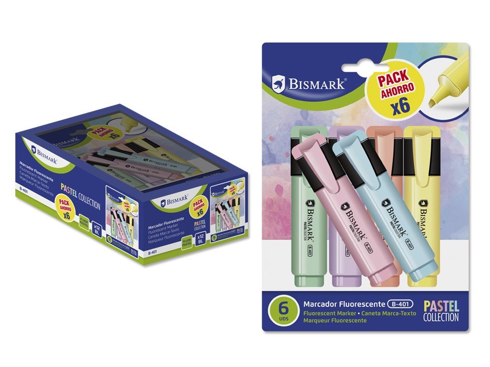 Bismark Pack De 6 Rotuladores Fluorescente Pastel - Tinta De Secado Rapido - Punta Biselada - Ideal Para Subrayar Y