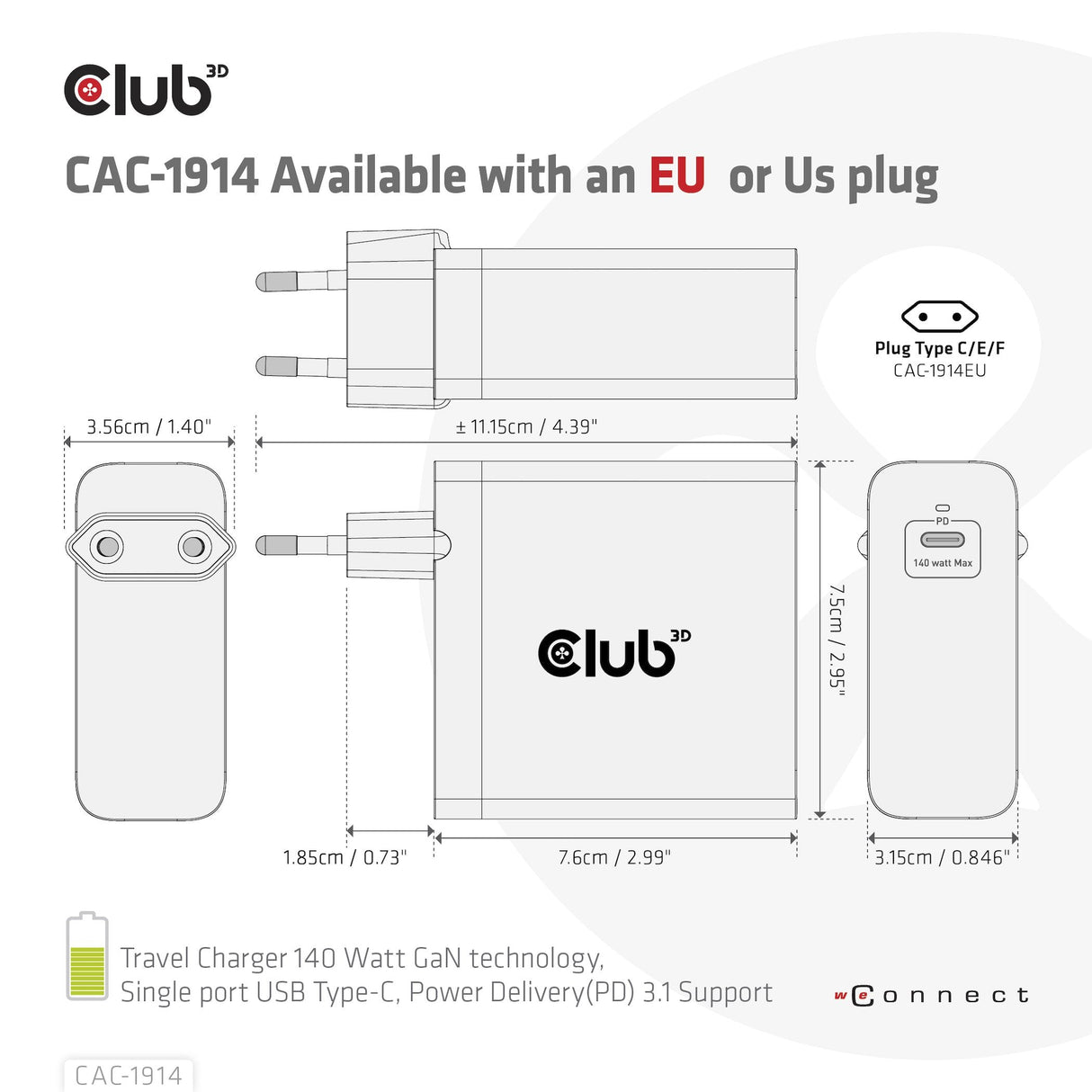 Club3d Cargador 1xusb Typ C, Pd 140w Retail