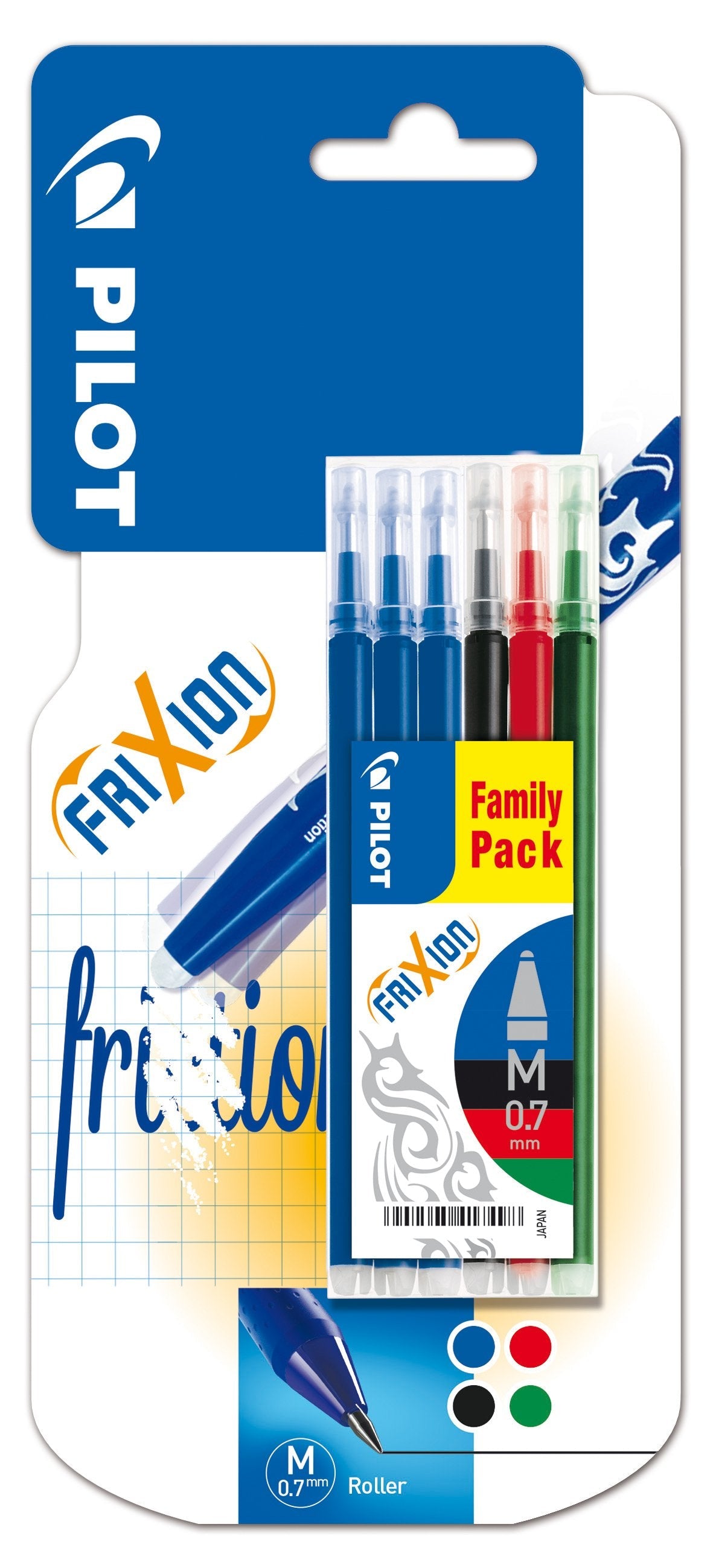 Pilot Pack De 6 Recambios Para Frixion Ball Y Frixion Clicker - Punta De Bola Redonda 0.7mm - Trazo 0.4mm - Colores: 3x Azul, 1x Negro, 1x Rojo Y 1x Verde