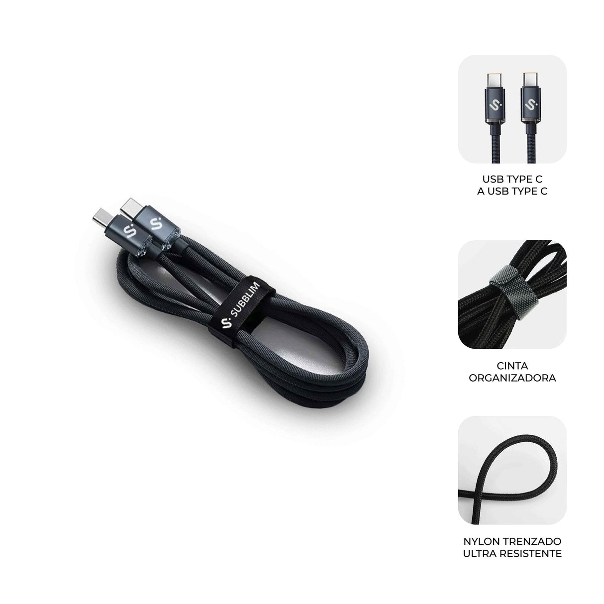 Cable Optimus 60w Usb-C/Usb-C 2 M Negro Subblim 60w/ Longitud: 2m/ Usb-C &Harr; Usb-C/ Pd