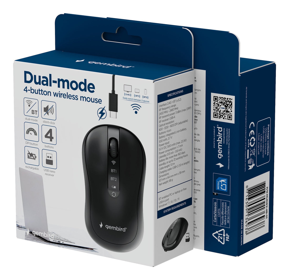 Gembird Dual-Mode 4-Button Wireless Mouse 1600dpi Black
