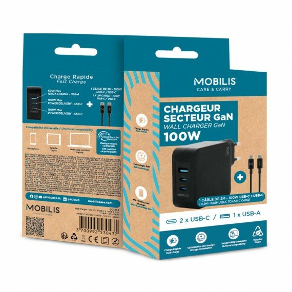 Mobilis Charger 100w 2usb C 1usba Gan Cable 100w Portátil, Smartphone, Tableta Negro Corriente Alterna Interior