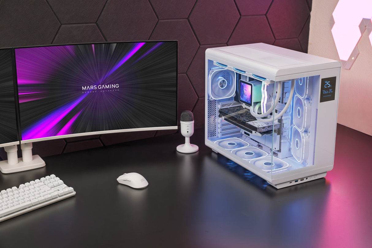 Caja Pc Atx Mars Gaming Mc-Revpro Pantalla Lcd 4.3" Cristal Templado 4x Ventiladores Argb Blanco