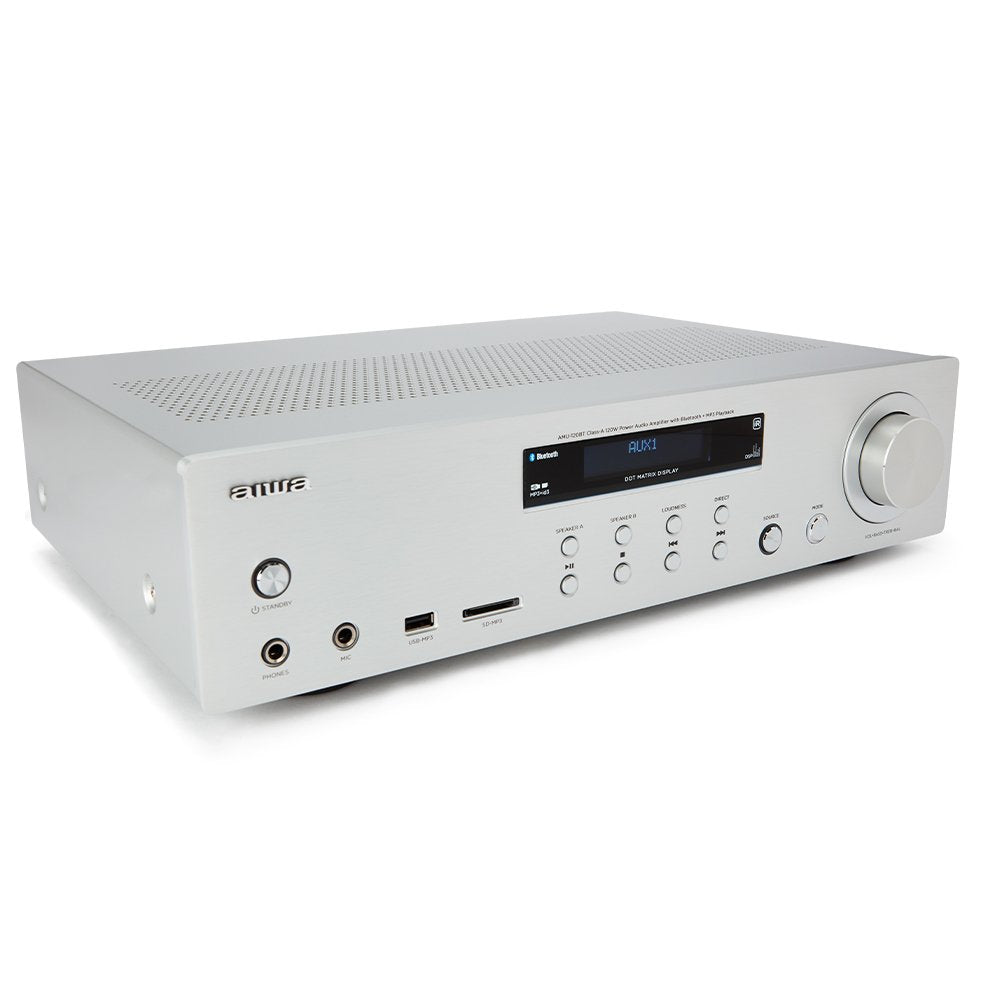 Amplificador Aiwa Amu-120bt Plata 2xcanales/Chasis Metal/2xout 60w/Bt 5.0/Usb/Sd Amu-120btsr