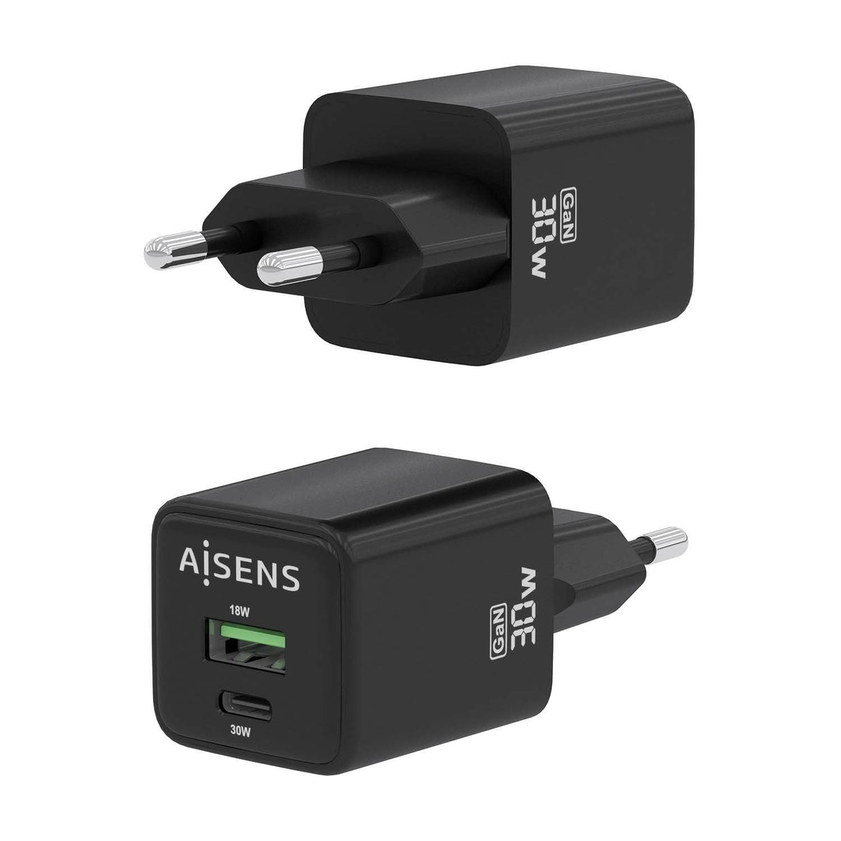 Aisens Cargador Gan 30w, 1xusb-C Pd3.0 Qc4.0, 1xusb-A Qc3.0, Negro