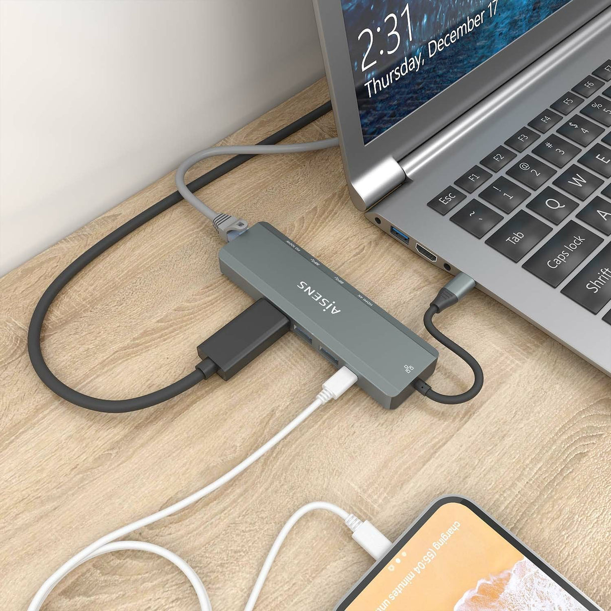 Aisens Usb-C Dock 5 En 1 - Usb-C A 1xhdmi - 1xrj45 - 2xusb - 1xpd - 15cm - Gris
