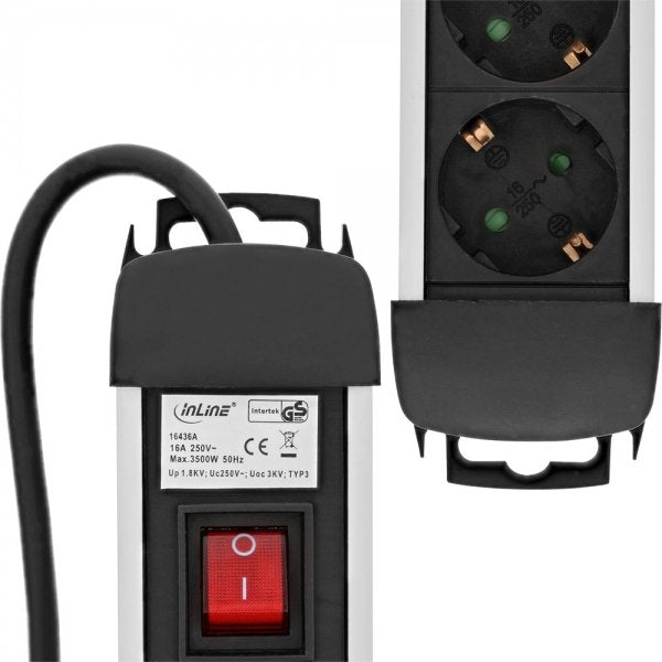 Inline Regleta 6 Tomas Con Protección 6x Tipo F Alemáncon Interruptor Plata 1.5m