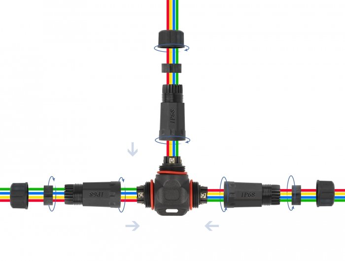 Delock Cableverbinder T-Form Für Aussenbereich 4 Pin, Ip68 Wasserdicht, Schraubbar, Cabledurchmesser 4,5 - 7,5 Mm Schwarz