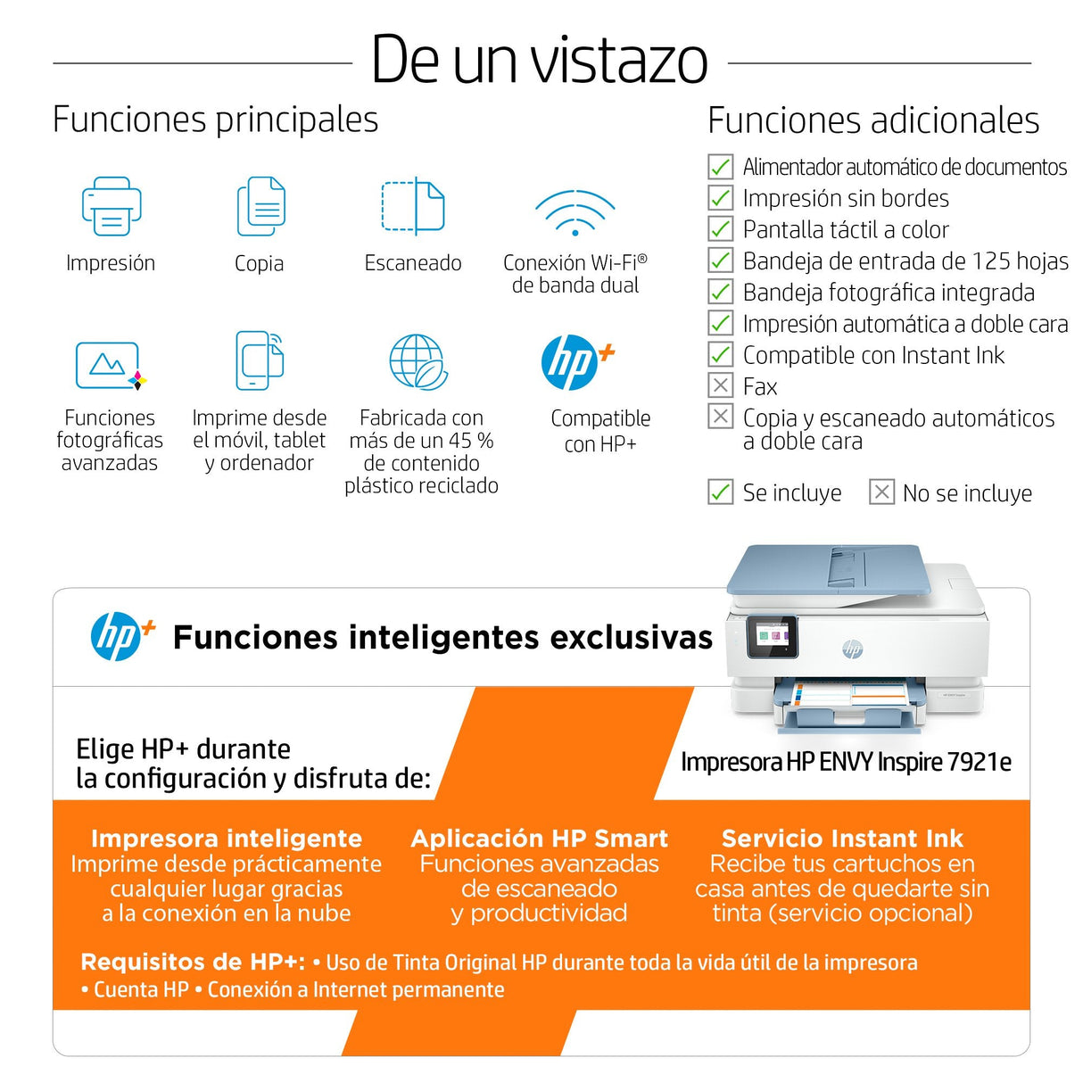 Hp Envy Inspire 7921e All-In-One Color Inkjet 15/10ppm Print Scan Copy Printer