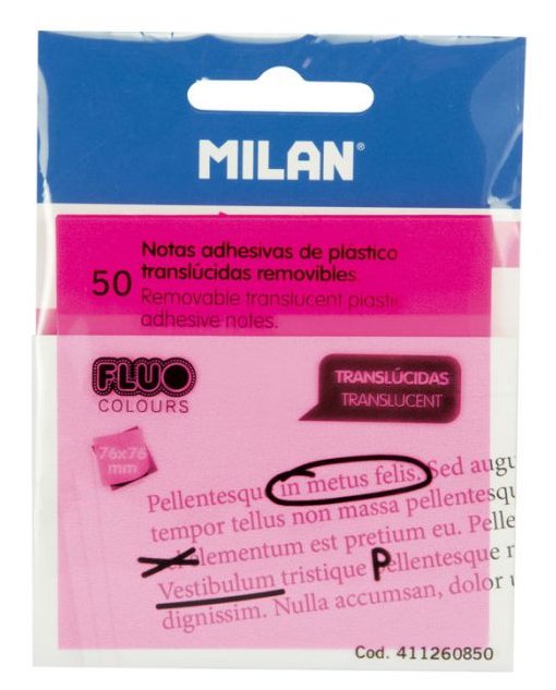 Milan Notas Adhesivas 50 Hojas 76x76mm Translúcidas Rosa Fluorescente