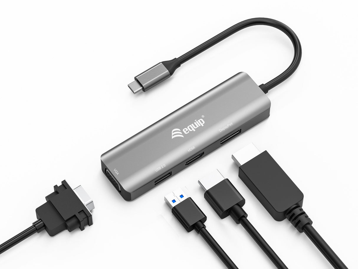 Equip Hub Usb-C Con Usb 2.0, Hdmi, Vga Y Displayport - Carcasa De Aluminio