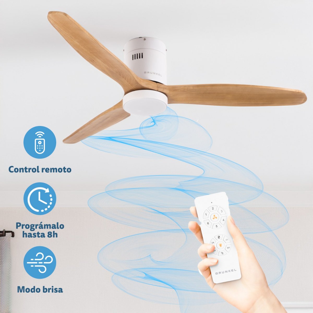 Grunkel Ventilador De Techo Con Luz 41w 6 Velocidades C/Temporizador Madera Clara