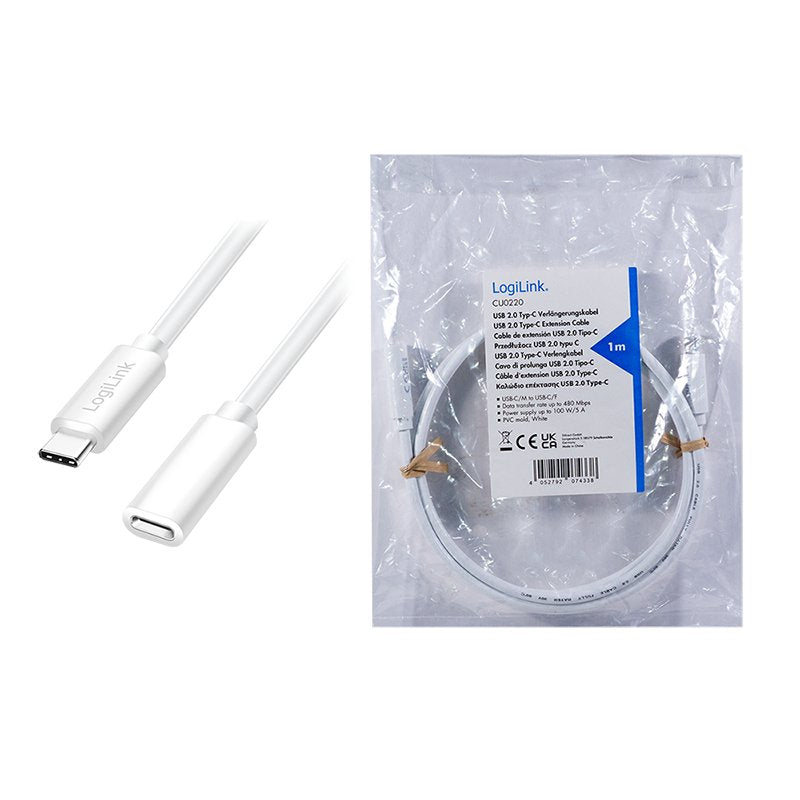Logilink Usb 2.0 Type-C Cable, C M To C F, 480 Mbps, 100w, Blanco, 2 M