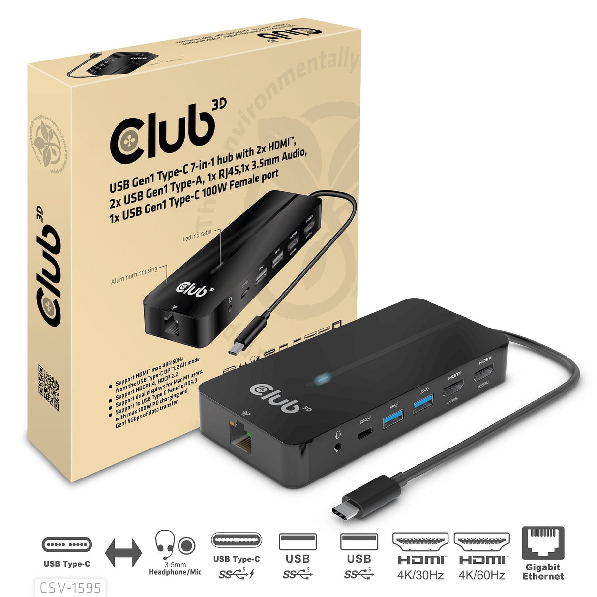 Club3d Usb-7-In1-Hub Usb-C > 2xhdmi/2xusb/Rj45/Usb-C 100w Retail