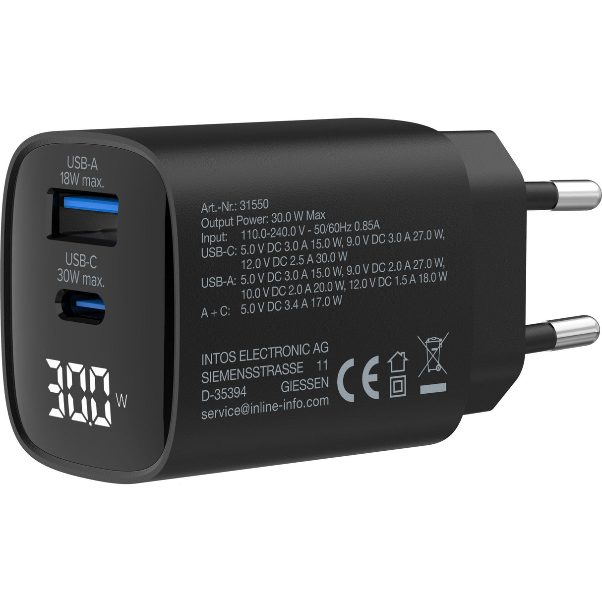 Inline® Usb Pd Power Supply, Gan Charger, 2-Port, Usb-C + Usb-A, 30w, W/ Display