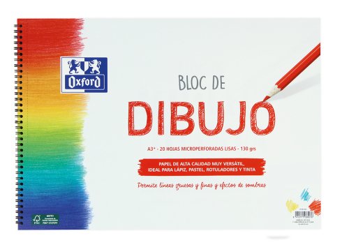 Oxford Bloc Dibujo Escolar T/ Blanda Espiral 20h 130gr A3+ Liso Blanco
