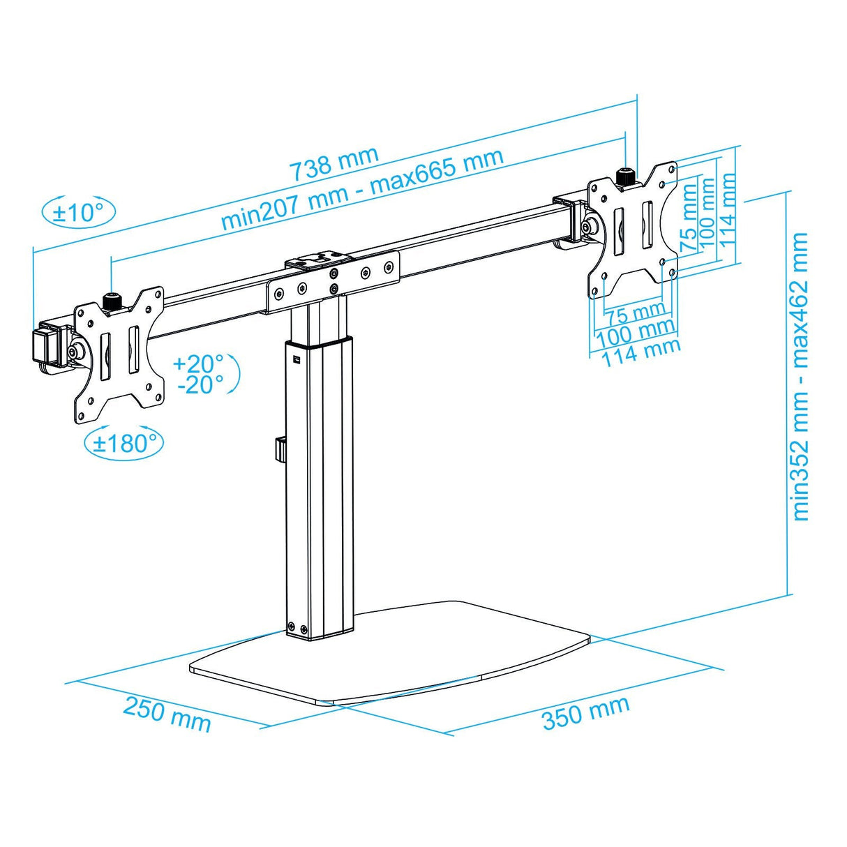 Tooq Soporte De Mesa Para 2 Monitores De 17"-27" - Regulacion De Altura Por Piston De Gas - Gestion De Cables - Peso