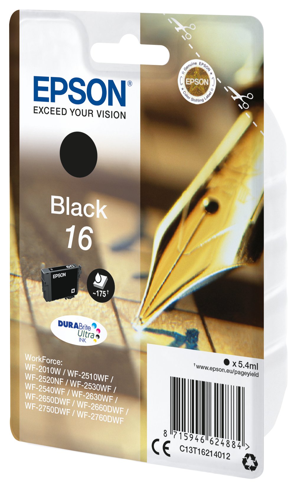 Epson 16 Cartucho De Tinta Negro Para Workforce Wf-2010, 2510, 2520, 2530, 2540, 2630, 2650, 2660, 2750, 2760