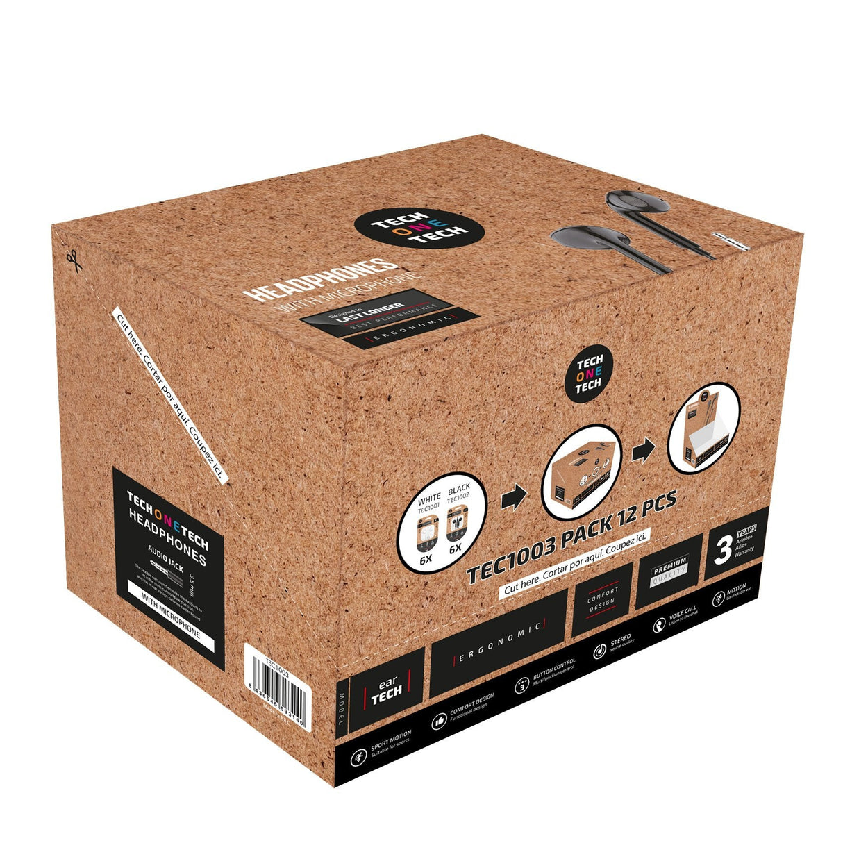 Expositor De Auriculares Tech One Tech Eartech Tec1003 Con Micrófono Jack 3.5 Incluye 6 Auriculares Blancos Y 6 Auriculares Negros
