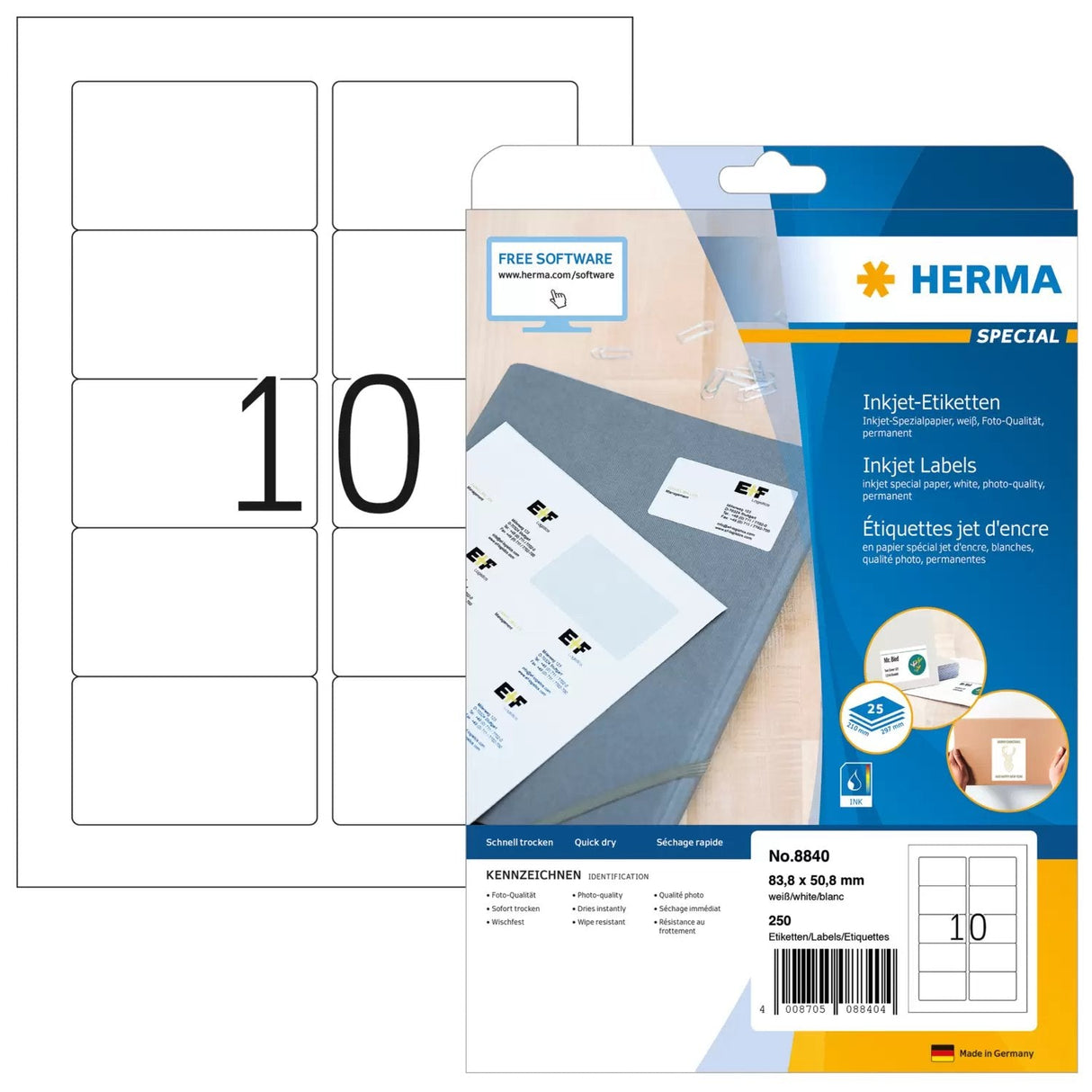 Etiquetas Inkjet Herma A4 Papel Blanco 83,8x50,8 Mm 250 Piezas.