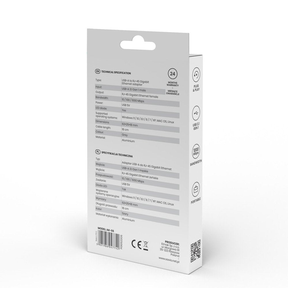 EAN 5901986047742 - Savio AK-55 Adapter USB-A 3.1 GEN 1 do RJ-45 Gigabit Ethernet USB 3.2 Gen 1 (3.1 Gen 1) Type-A 1000 Mbit/ imagen 8