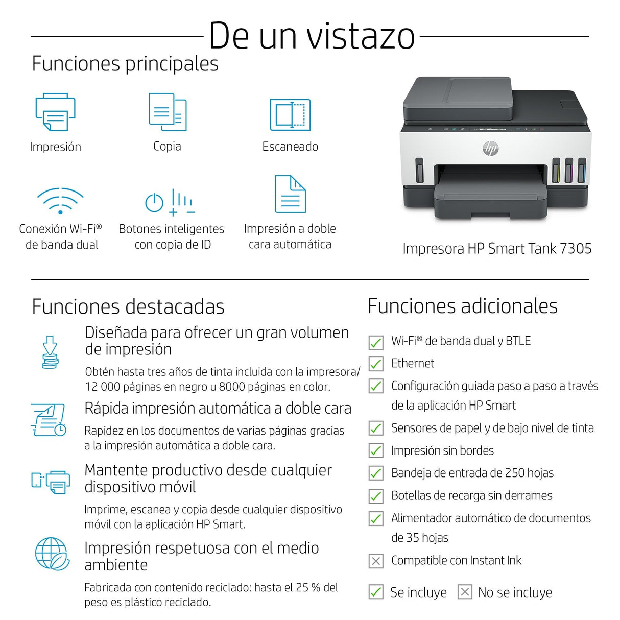 Multifunción Recargable Hp Smart Tank 7305 Wifi Dúplex Blanca