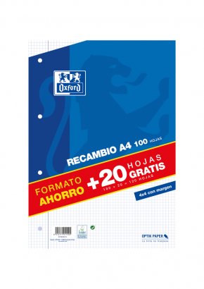 Oxford Recambio 100+20 Hojas Sueltas Microperforadas 4x4 Con Margen A4