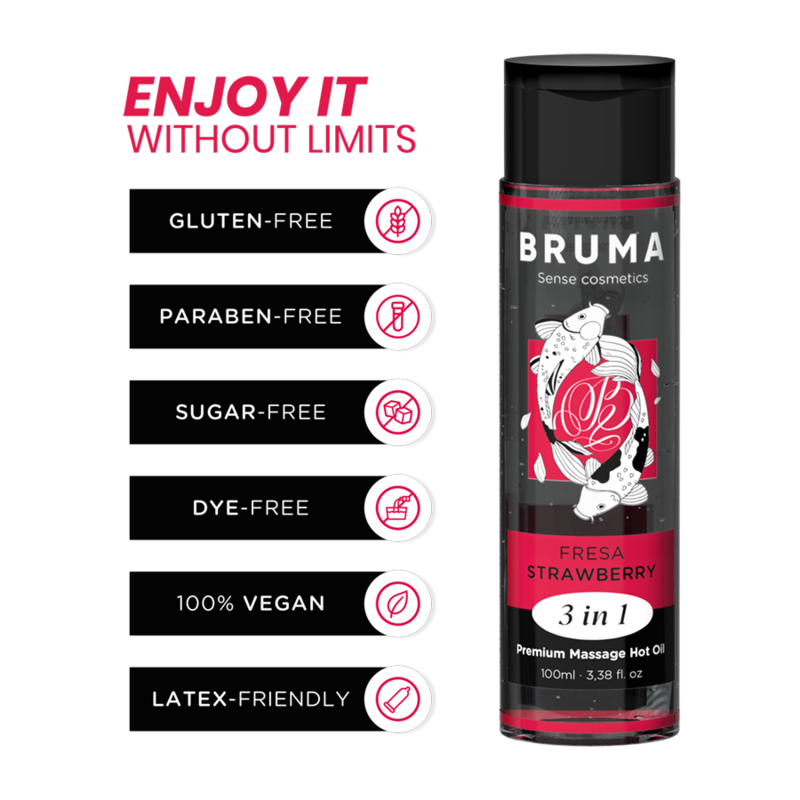 Aceite De Masaje Bruma Premium Efecto Calor Sabor Fresa 3 En 1