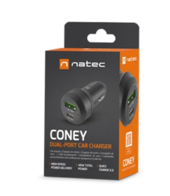 Cargador Coche Natec Coney 1xusb, 1xusb-C Qc3.0, Pd 3.0 48w Negro