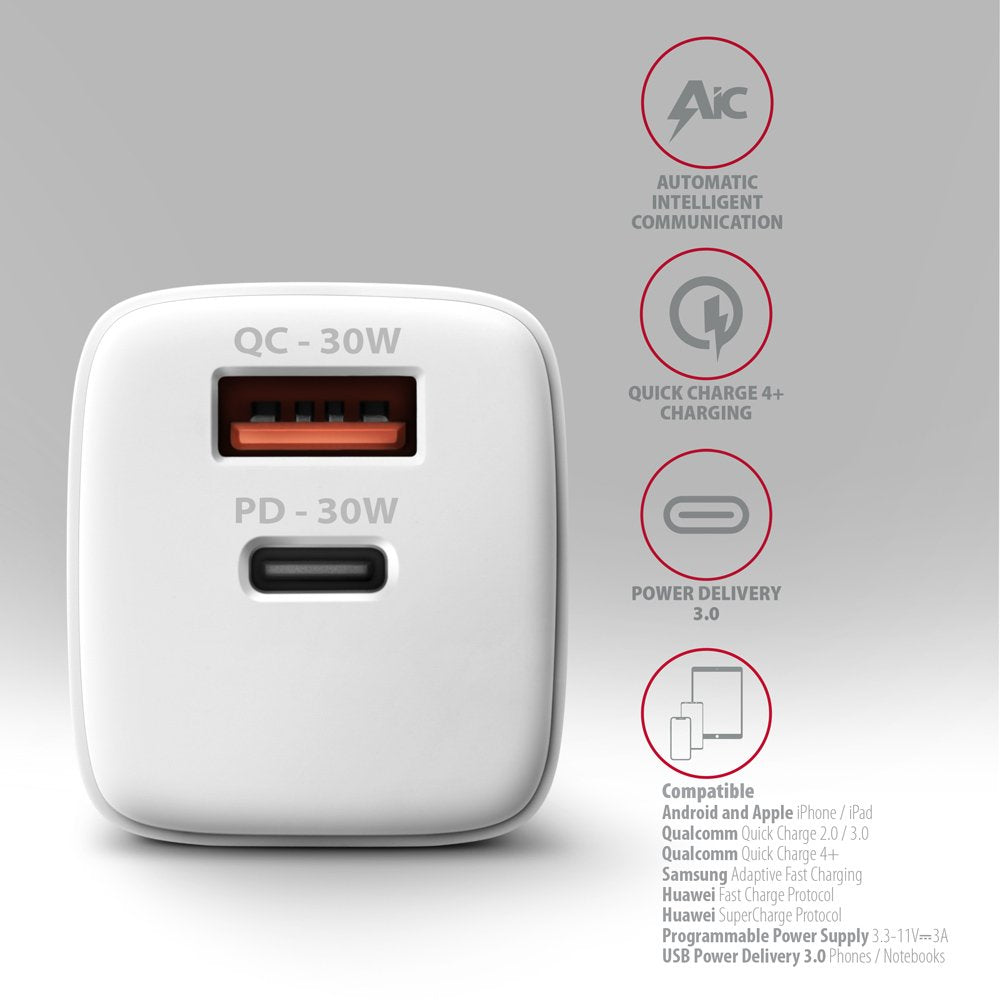 EAN 8595247907110 - Axagon ACU-PQ30W Ladegerät QC3.0.4.0/AFC/FCP/PPS/Apple+ PD USB-C 30W - weiß - USB Typ C Teléfono móvil, S imagen 4