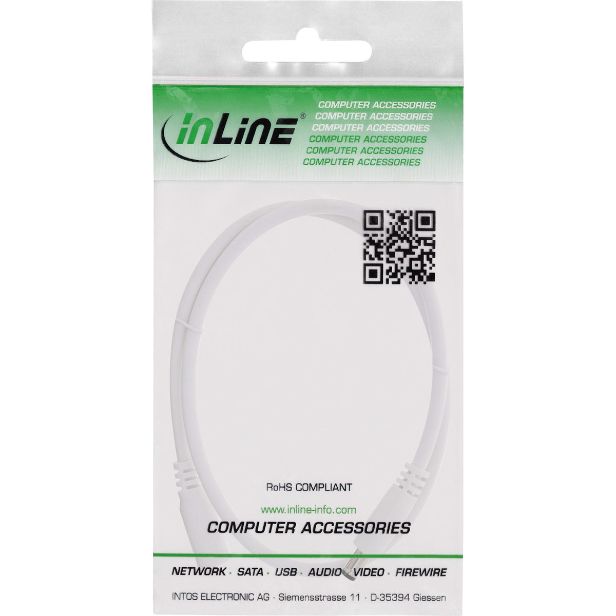Inline® Dc Extensión Cable, Dc Male/Female 5.5x2.5mm, Awg 18, Blanco 0.5m