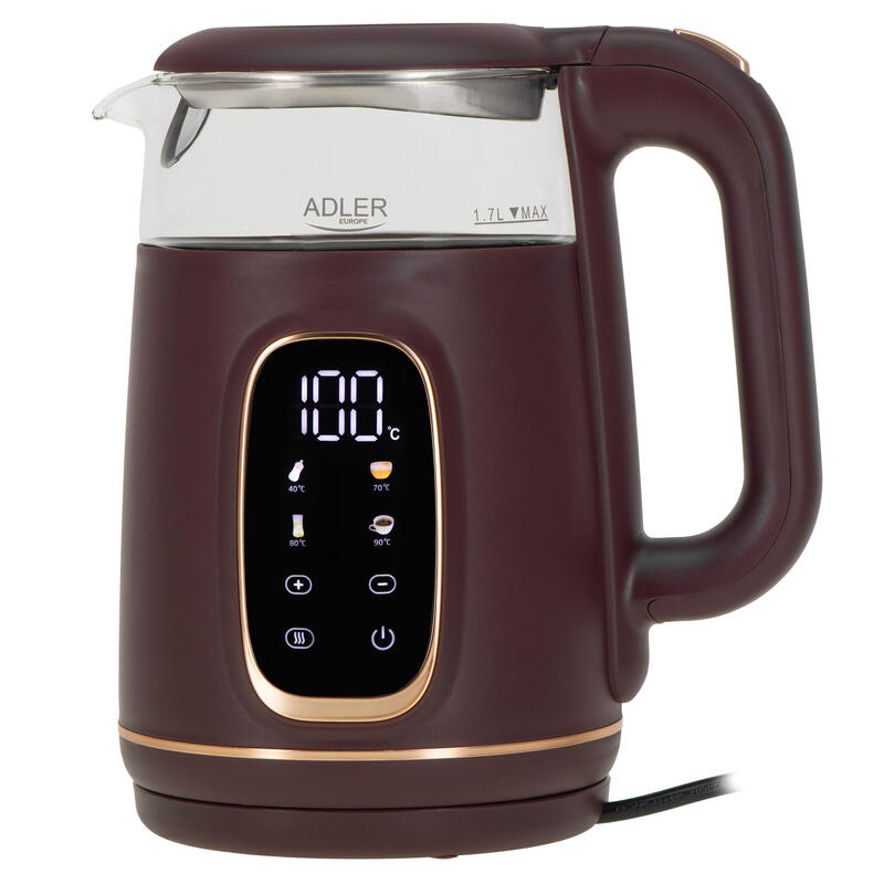 Adler Ad 1305 Electric Kettle, Glass With Led Display & Temperature Regulation, 1.7l, Burgundy