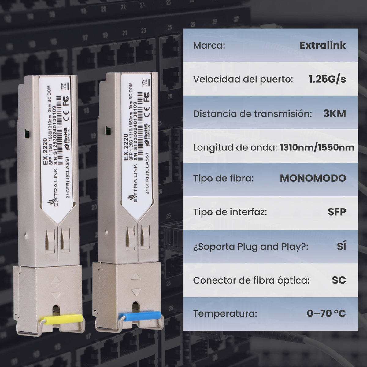Extralink Sfp 1.25g Sfp Wdm Módulo 1,25gbps, 1310/1550nm, Single Mode, 3km, Sc, Dom, Pair