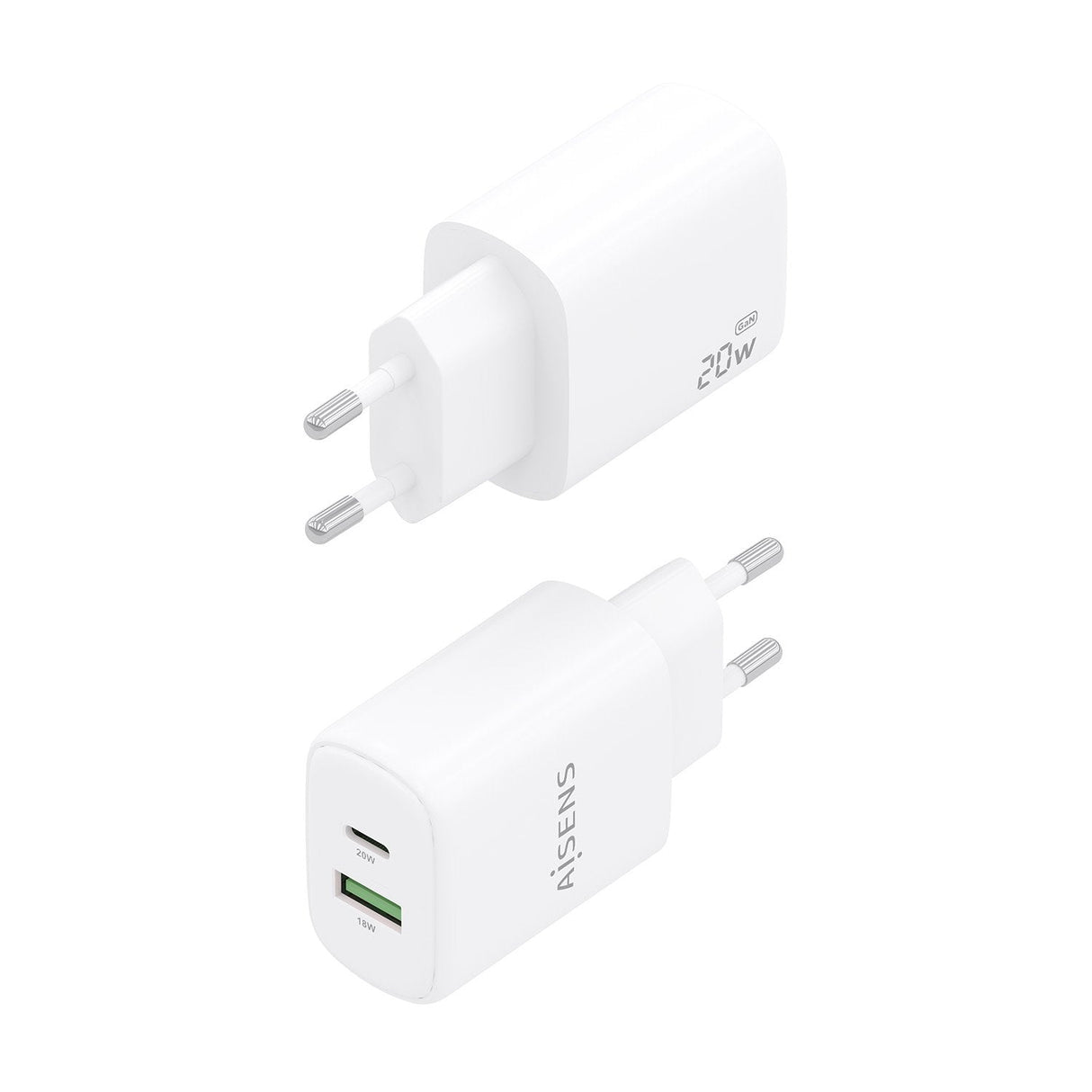 Aisens Cargador Gan 20w, 1xusb-C Pd3.0, 1xusb-A Qc3.0, Blanco